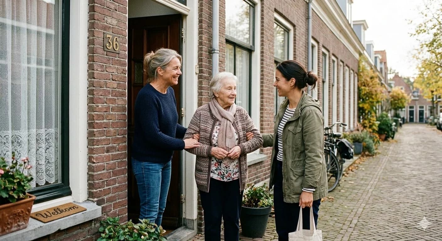 Zorgverlener en dochter bij de voordeur van een oudere vrouw