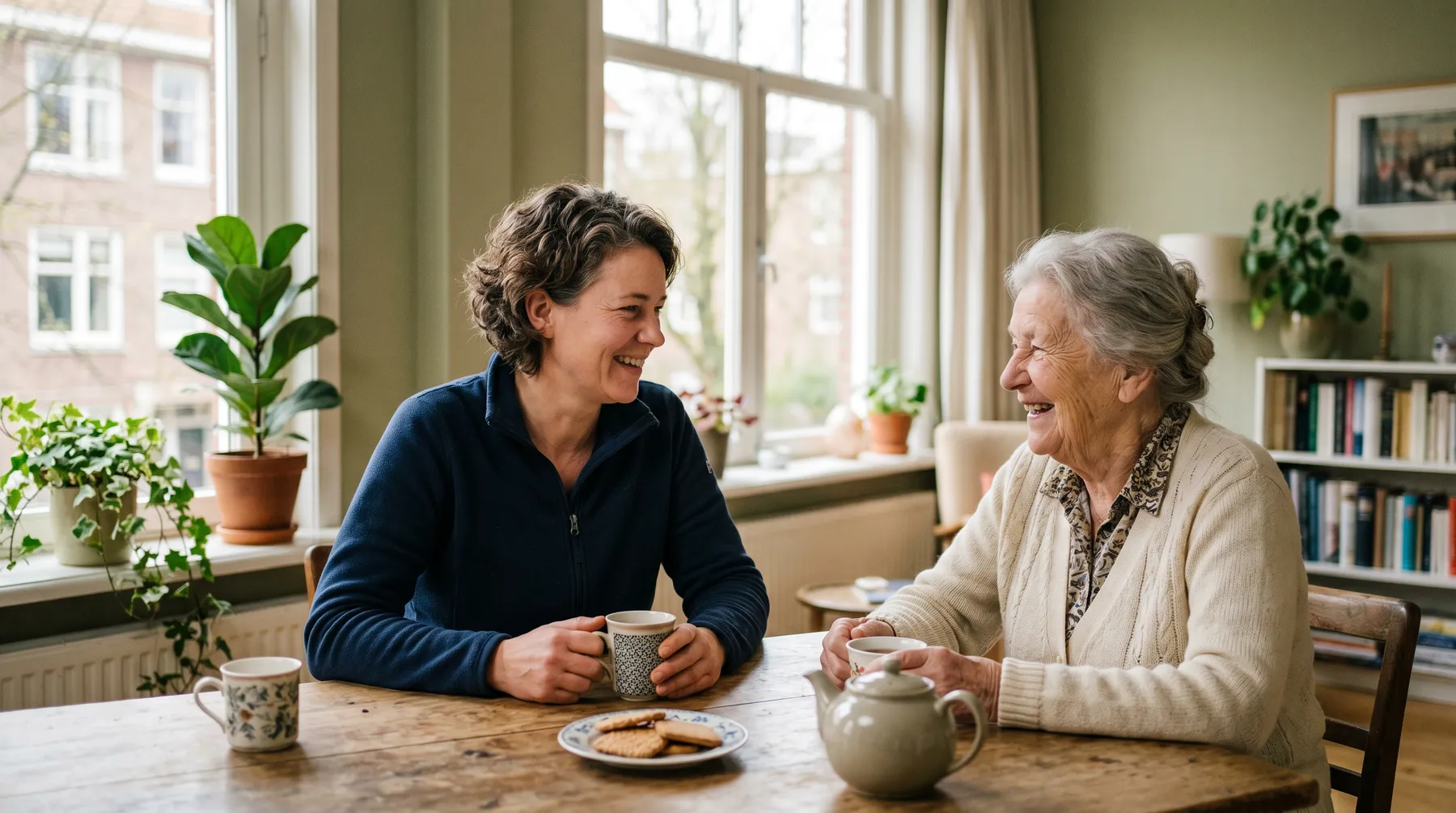 Verpleegkundige legt een oudere vrouw iets uit aan de keukentafel