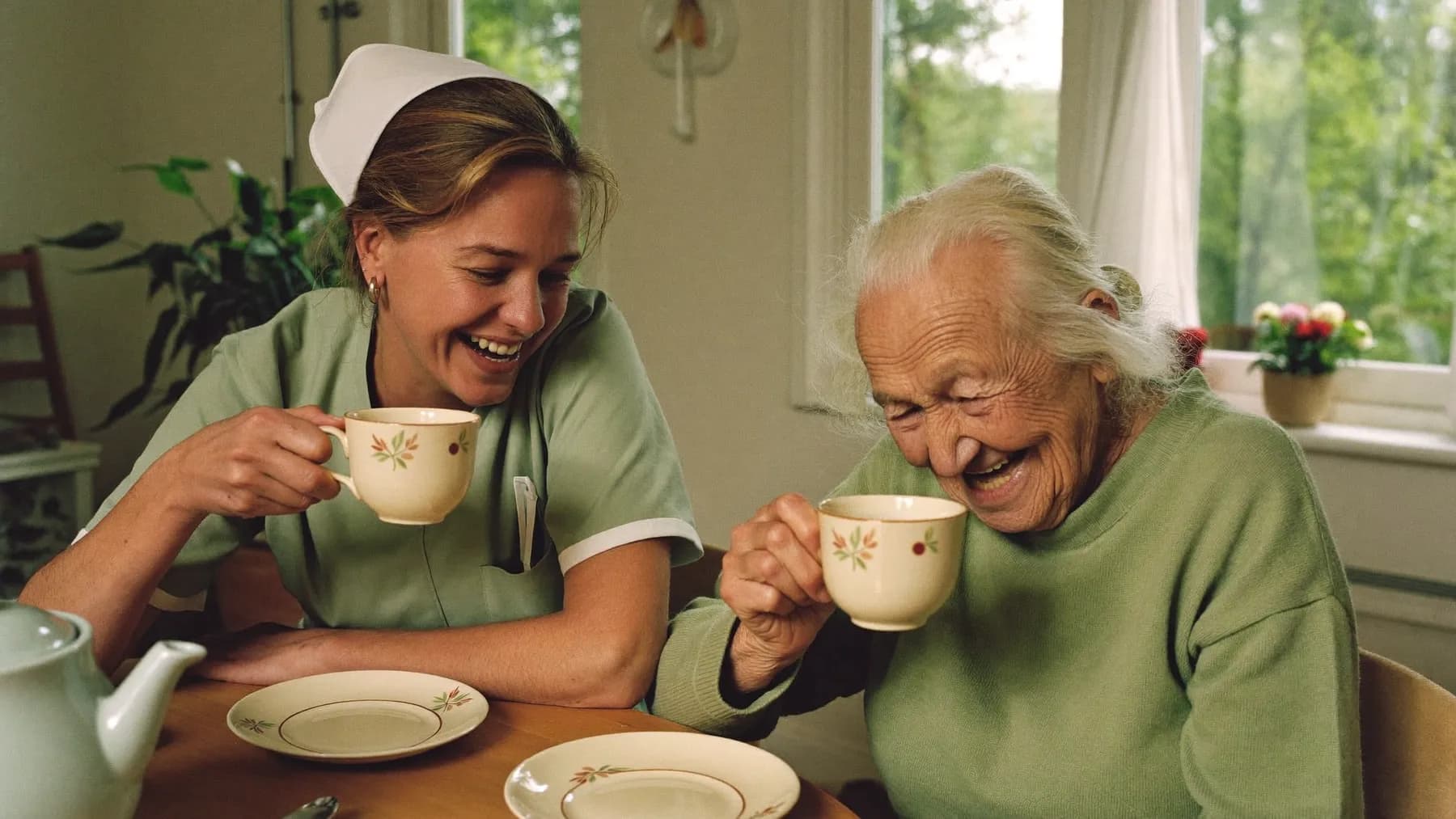 Zorgverlener en oudere vrouw drinken samen koffie