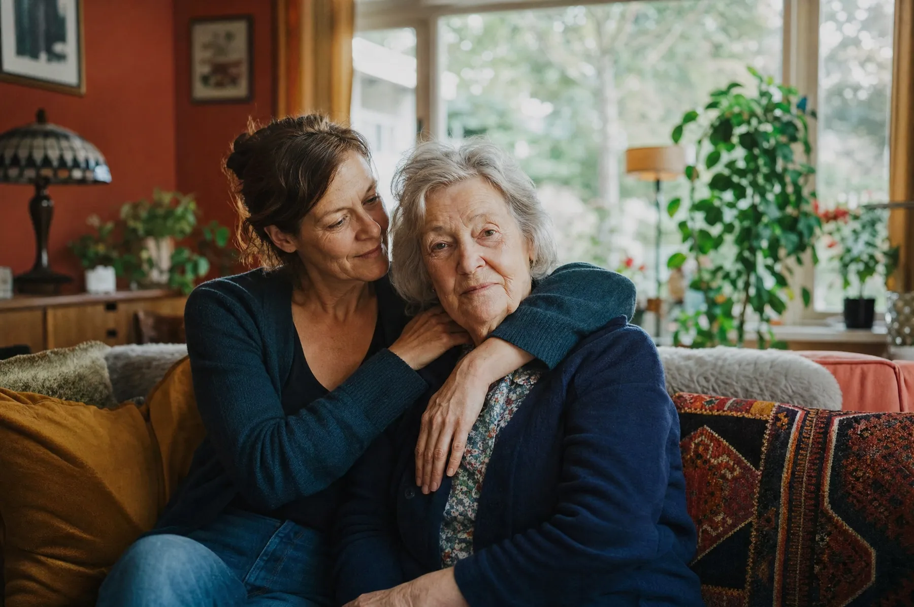 Zorgverlener en oudere vrouw zitten samen op de bank