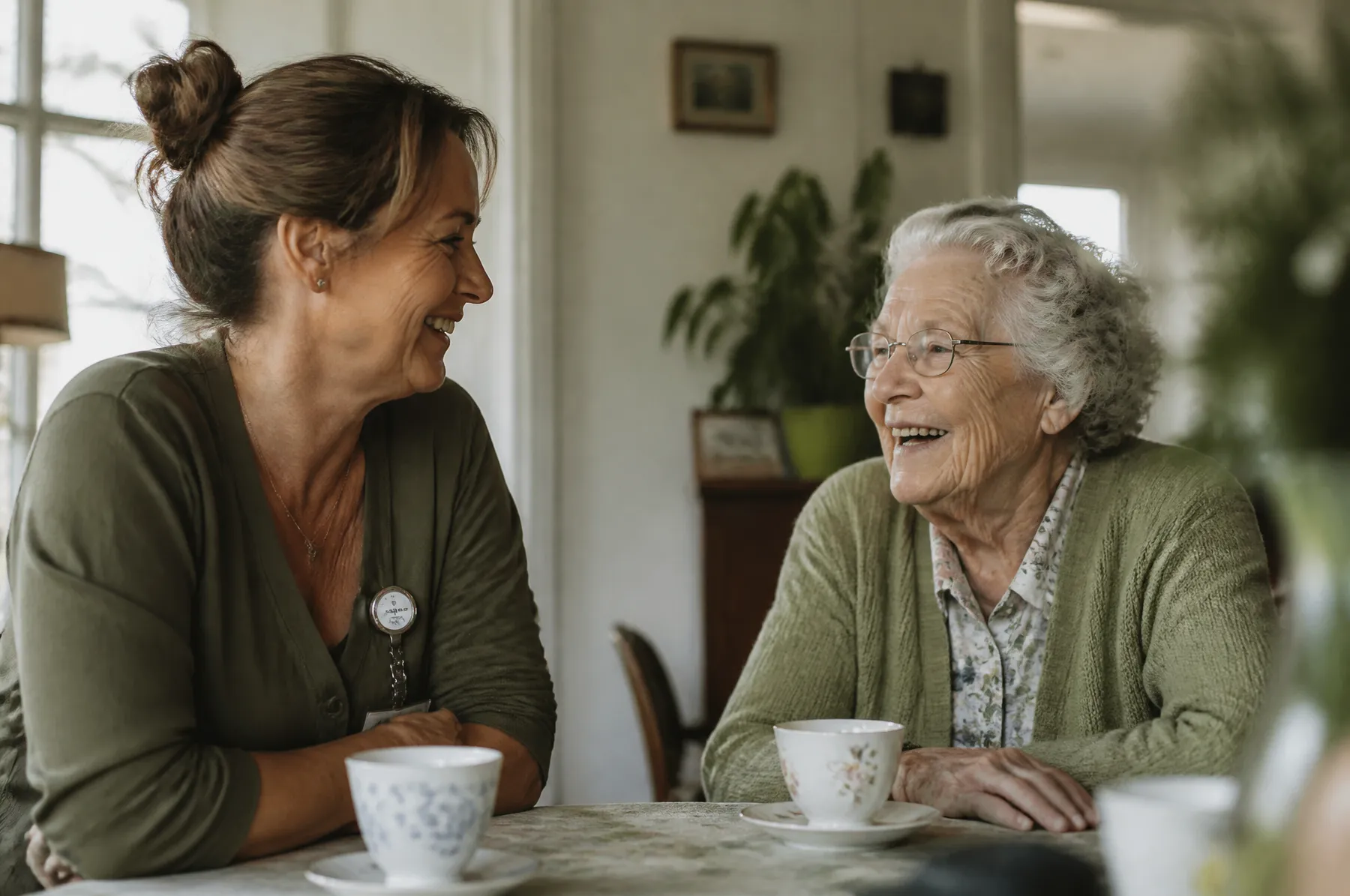 Verpleegkundige bespreekt een herstelplan aan de keukentafel